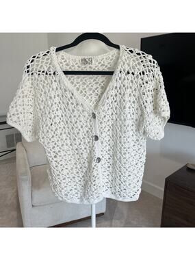 Vtg RICO Open Knit Cotton Sweater Cardigan Women’s S/M Cream Ivory FLAW